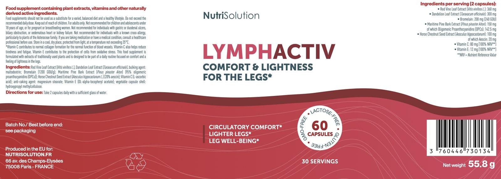 Official English LymphActiv label with ingredients, amounts per 2 capsules and warnings